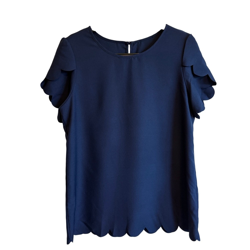 Navy Blue Scalloped Short Sleeve Top L Dainty Fairy Festival Layers Office
